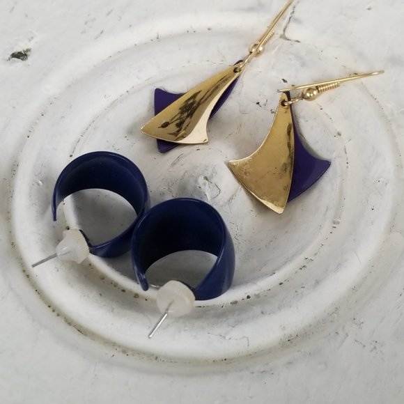 Blue & Gold Metal Earrings for Pierced Ears - Picture 5 of 10